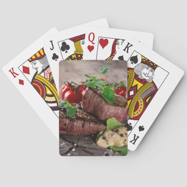 Grilled bbq steaks with fresh herbs and tomatoes playing cards (Back)