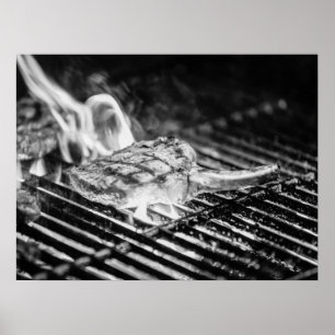 Grilled Tomahawk Steak on Flaming BBQ Grill Poster