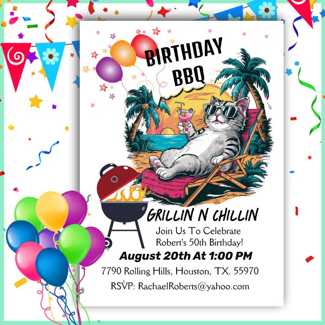 Grillin Kitty Cat Summer Birthday Party  Invitation (Creator Uploaded)