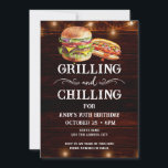 Grilling and Chilling BBQ 70th Birthday Invitation<br><div class="desc">Grilling and Chilling Birthday Invitations. Easy to personalise. All text is adjustable and easy to change for your own party needs. String lights rustic background elements. Fun Chalkboard swirls and flourishes. Watercolor hamburger and hotdog graphics. Invitations for him. Bar or backyard BBQ birthday design. Any age, just change the text....</div>