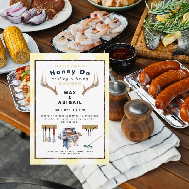 Grilling & Fixing Antlers Yellow Couples Shower  Invitation (Creator Uploaded)