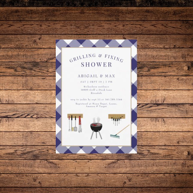 Grilling & Fixing Couples Blue Wedding Shower  Invitation (Creator Uploaded)