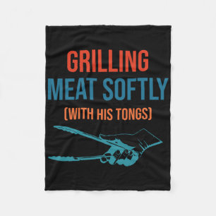 Grilling Meat Softly With His Tongs Funny Bbq Part Fleece Blanket