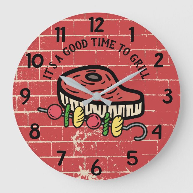 Grilling steak kebab brick cooking kitchen large clock (Front)