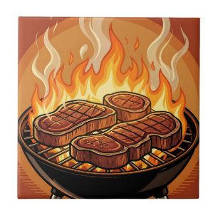 Grilling Steaks BBQ Flames Ceramic Tile