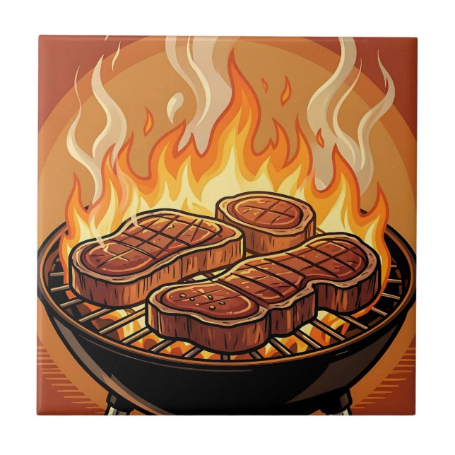 Grilling Steaks BBQ Flames Ceramic Tile (Front)