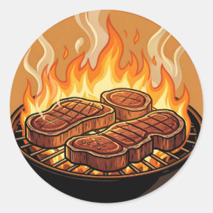 Grilling Steaks BBQ Flames Classic Round Sticker