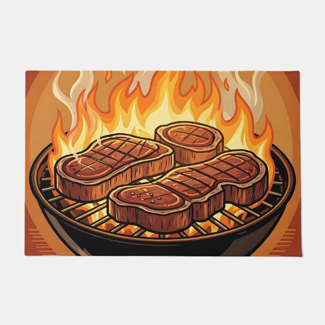 Grilling Steaks BBQ Flames Doormat (Front)