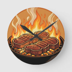 Grilling Steaks BBQ Flames Round Clock