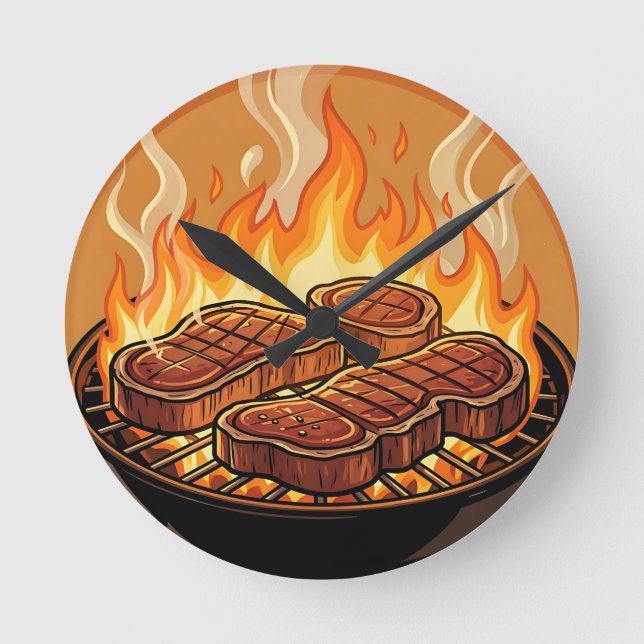 Grilling Steaks BBQ Flames Round Clock (Front)