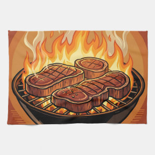 Grilling Steaks BBQ Flames Tea Towel