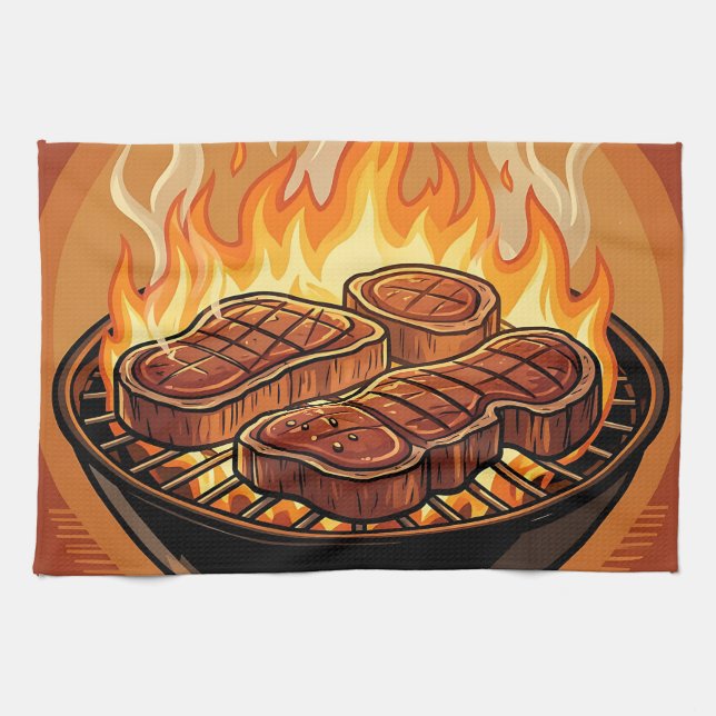 Grilling Steaks BBQ Flames Tea Towel (Horizontal)