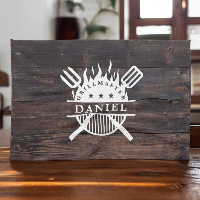 Grillmaster BBQ Rustic Dark Wood Print  Tea Towel (Creator Uploaded)