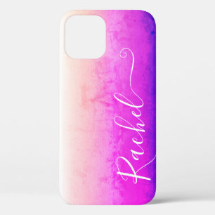 Grily Pink Purple Ombre Watercolor Art Custom Name iPhone 12 Case