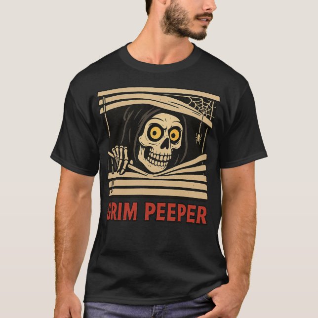 Grim Peeper Funny Skeleton Halloween Pun Tee (Front)