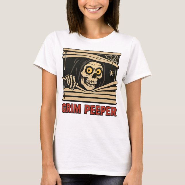 Grim Peeper Funny Skeleton Halloween Pun Tee (Front)