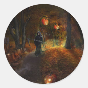 Grim Reaper and pumpkins Classic Round Sticker