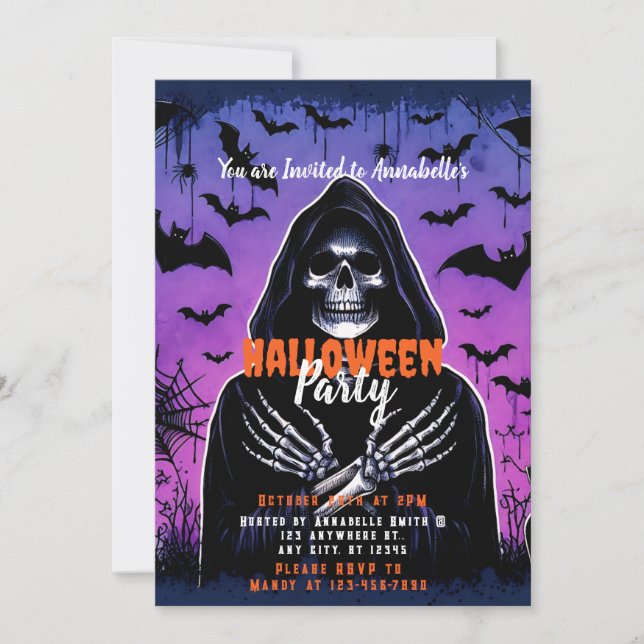 Grim Reaper Bats Sky Halloween Party Invitation (Front)