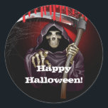 Grim Reaper Bloody Halloween Party Classic Round Sticker<br><div class="desc">customise for your event. The Party Text is removable or can be re-positioned.
Created by Wannapik - Freepik.com</div>