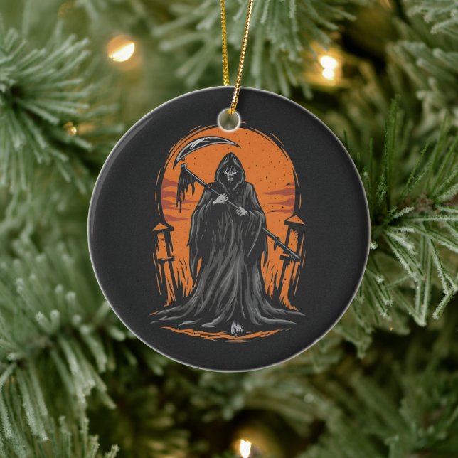 Grim Reaper Cartoon in Sunset Graveyard Ceramic Ornament (Tree)