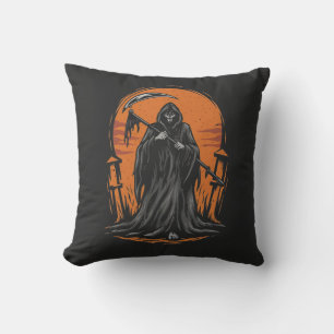 Grim Reaper Cartoon in Sunset Graveyard Cushion