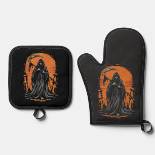 Grim Reaper Cartoon in Sunset Graveyard Oven Mitt & Pot Holder Set
