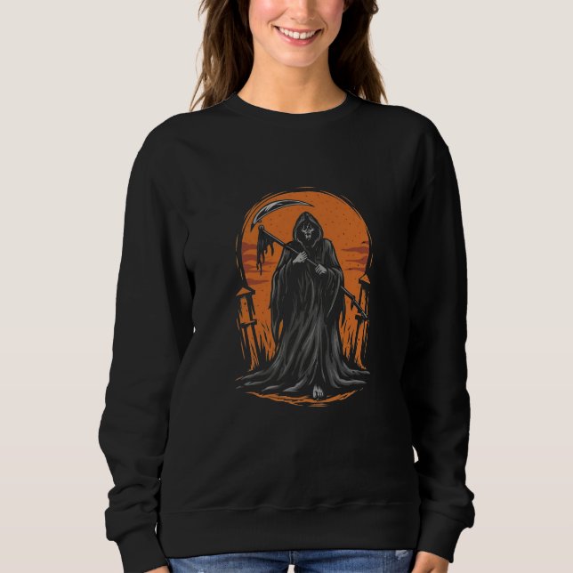 Grim Reaper Cartoon in Sunset Graveyard Sweatshirt (Front)