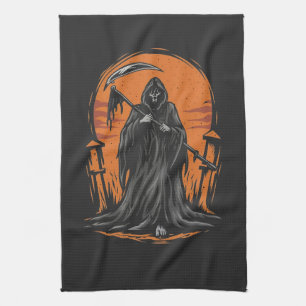 Grim Reaper Cartoon in Sunset Graveyard Tea Towel