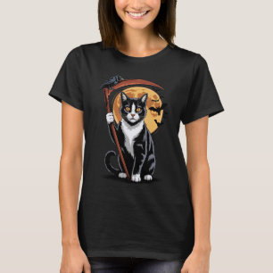 Grim Reaper Death Tuxedo Cat Halloween Mum Women V T-Shirt