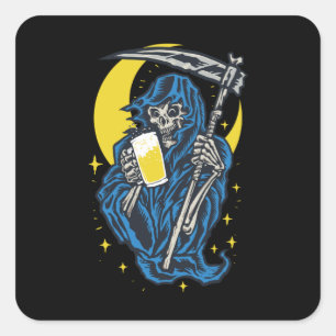 Grim Reaper Drinking Beer Square Sticker