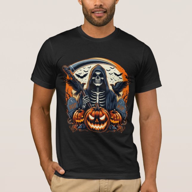 Grim Reaper Graveyard Spooky Pumpkins Halloween T-Shirt (Front)