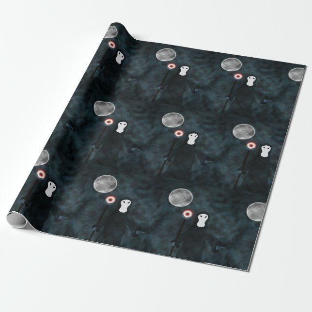 Grim Reaper Halloween Night Moon Wrapping Paper (Unrolled)