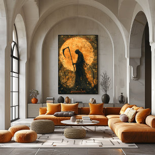 Grim Reaper Halloween with Full Moon and Scythe Poster
