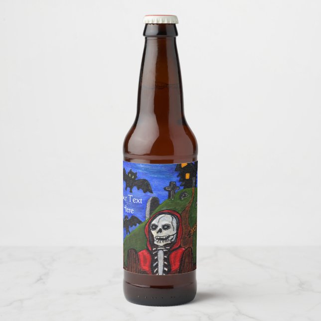 Grim Reaper in Red Cape Black Bats Spooky House Beer Bottle Label (Front)