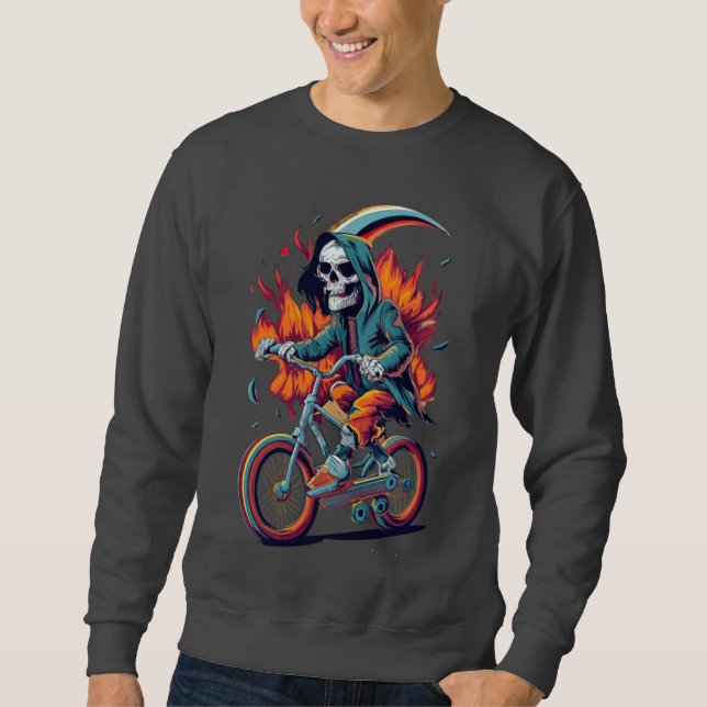 Grim Reaper On Flaming Motorcycle Bike Sweatshirt (Front)