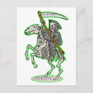 grim reaper on horse with scythe postcard