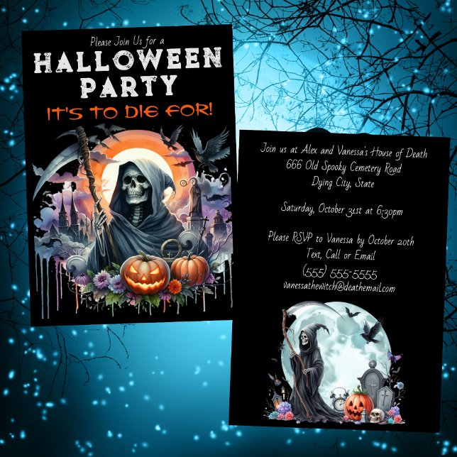Grim Reaper Pumpkins and Cemetery Halloween Party Invitation (Creator Uploaded)