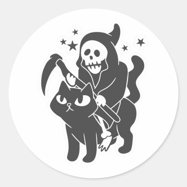 Grim reaper riding a cat - Choose background colou Classic Round Sticker (Front)