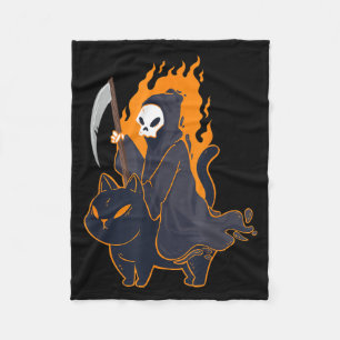 Grim Reaper Riding Scary Black Cat Halloween Death Fleece Blanket
