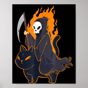 Grim Reaper Riding Scary Black Cat Halloween Death Poster