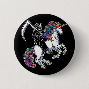 Grim Reaper Riding Unicorn Rainbow Skeleton Hallow 6 Cm Round Badge