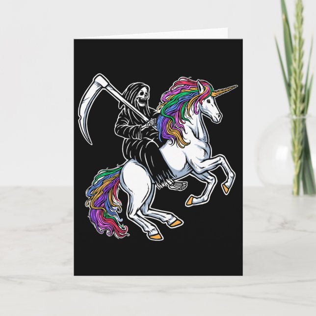 Grim Reaper Riding Unicorn Rainbow Skeleton Hallow Card (Front)