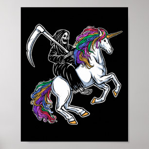 Grim Reaper Riding Unicorn Rainbow Skeleton Hallow Poster
