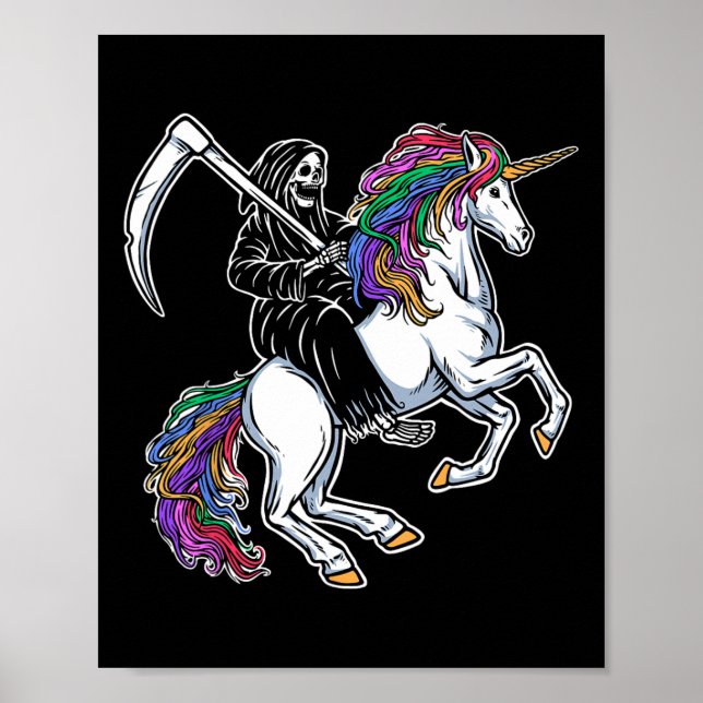 Grim Reaper Riding Unicorn Rainbow Skeleton Hallow Poster (Front)