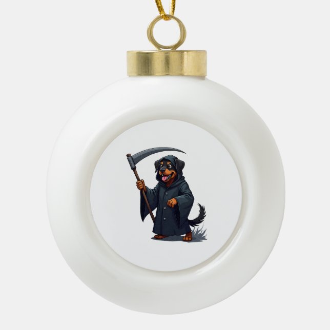 Grim Reaper Rottweiler Dog Ceramic Ball Christmas Ornament (Front)