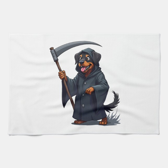 Grim Reaper Rottweiler Dog Tea Towel (Horizontal)