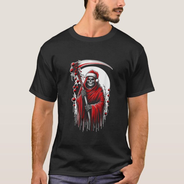 Grim Reaper Santa Hat Tee Unique Christmas Holiday (Front)