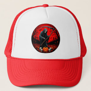 Grim Reaper Scene with Red Background Trucker Hat