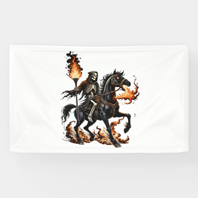 Grim Reaper Skeleton Riding Horse Flames Banner (Horizontal)