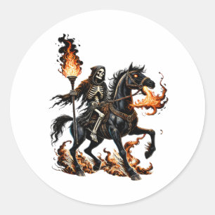Grim Reaper Skeleton Riding Horse Flames Classic Round Sticker